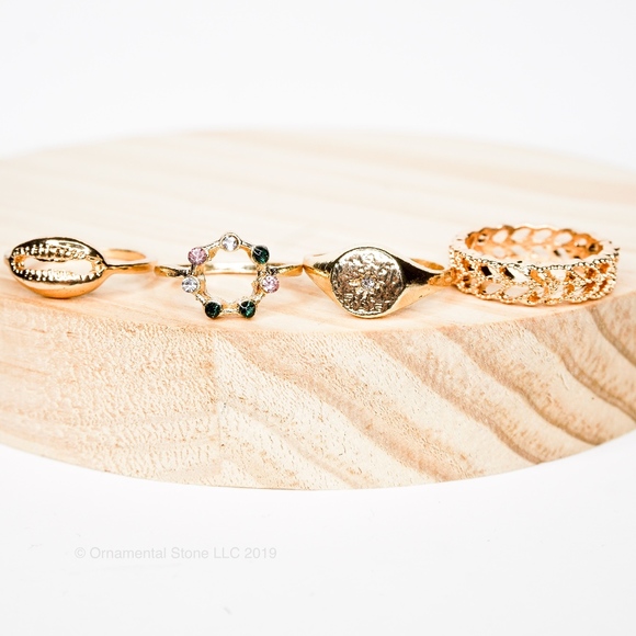 Ornamental Stone Jewelry - Cute 4 Ring Stacking Mix Match set Gold Gem  #71